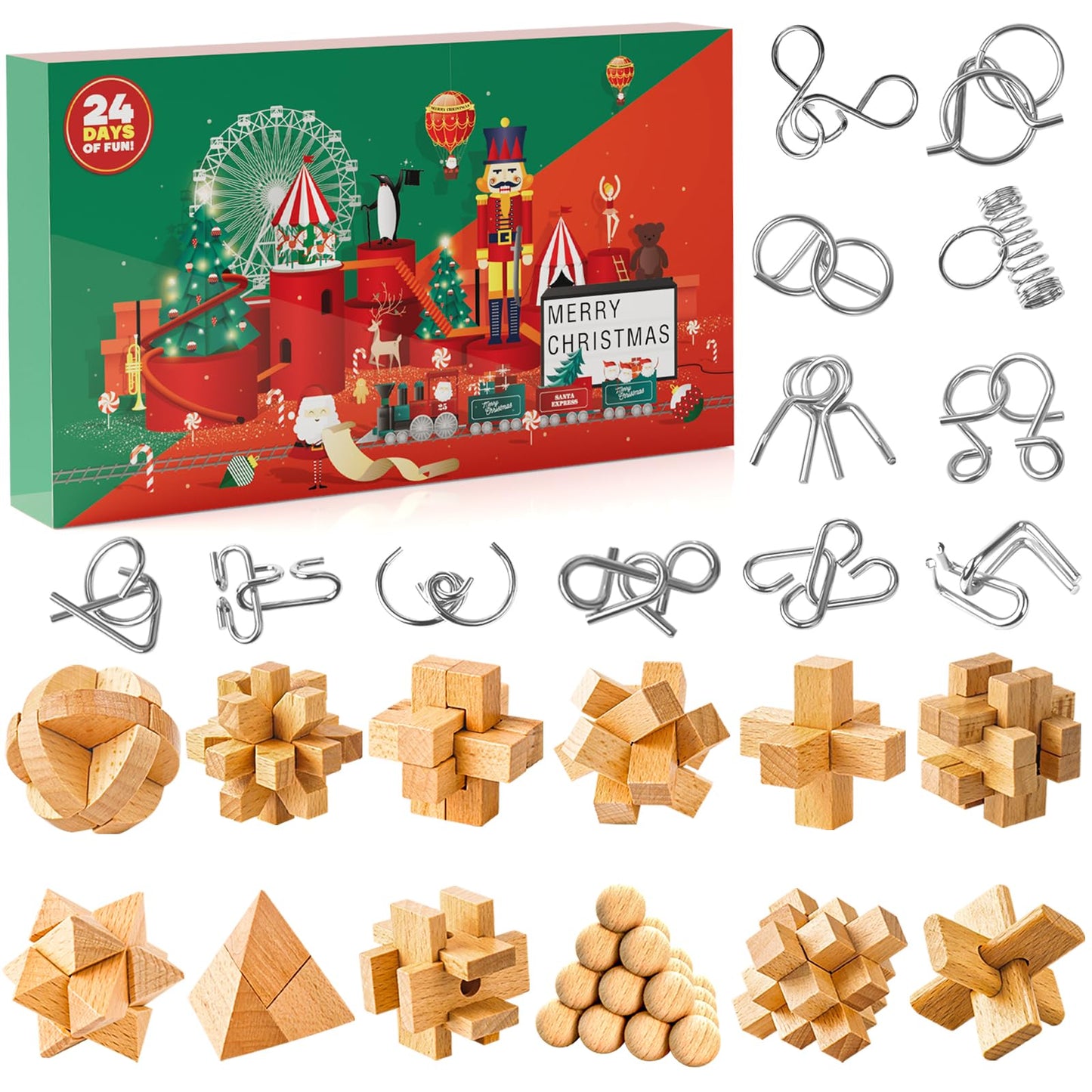 Brain teaser advent calendar 2025 for kids- 24 day Christmas calendar gifts with metal puzzles and wooden 3D puzzles, skill games for boys, girls, teens & adults.
