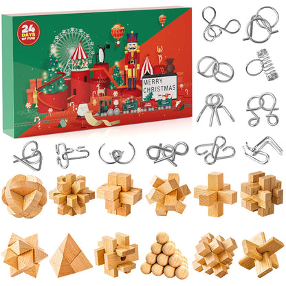 Brain teaser advent calendar 2025 for kids- 24 day Christmas calendar gifts with metal puzzles and wooden 3D puzzles, skill games for boys, girls, teens & adults.