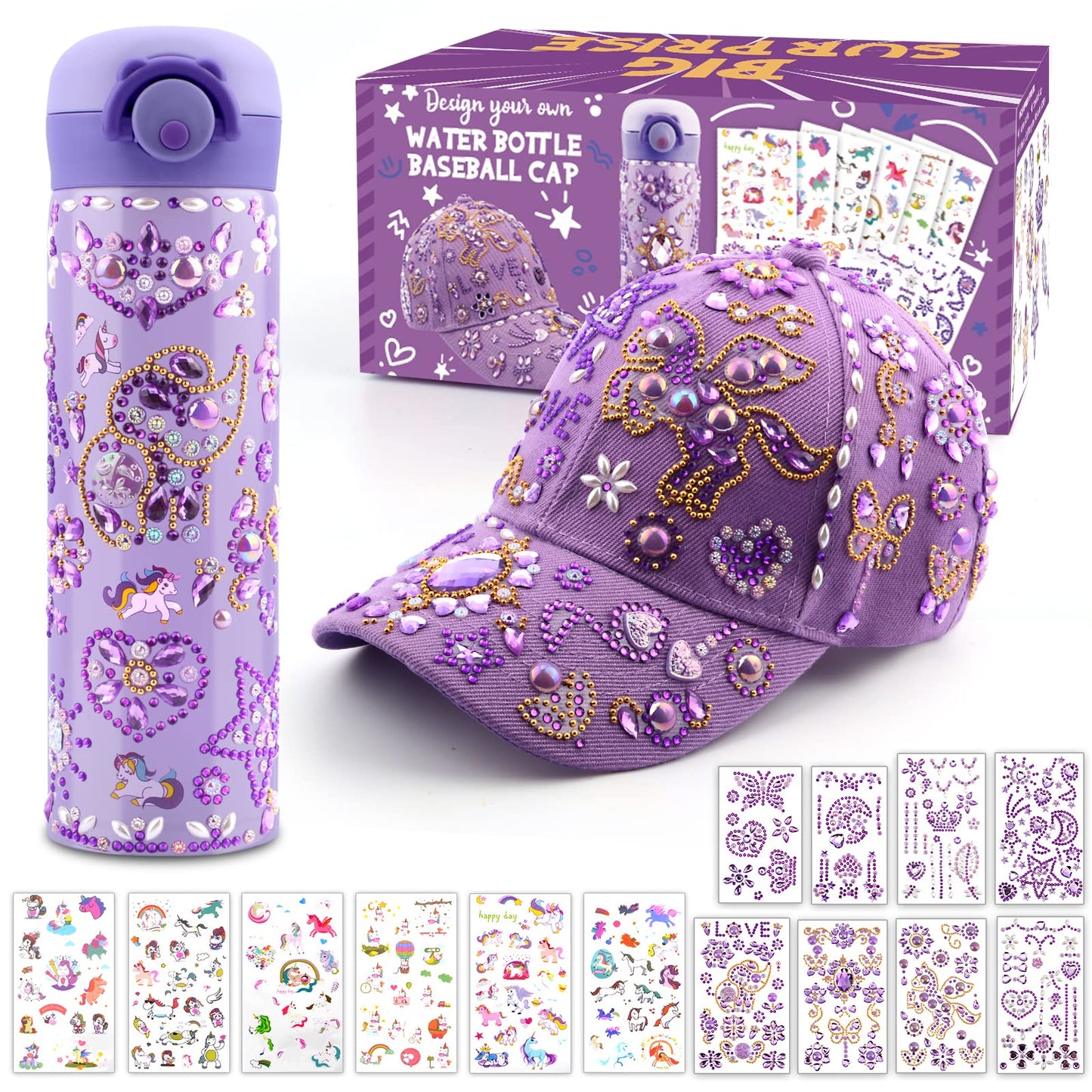 Gifts for girls DIY water bottle baseball cap, customize with gemstone unicorn stickers, back to school birthday gift for girls ages 4-13, hat crafting.