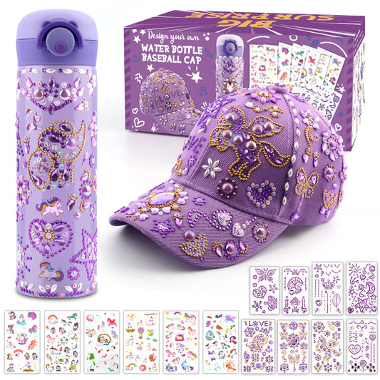 Gifts for girls DIY water bottle baseball cap, customize with gemstone unicorn stickers, back to school birthday gift for girls ages 4-13, hat crafting.