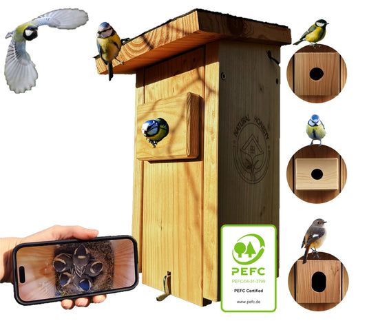 High-quality nesting box with camera | Live stream | PEFC® certified solid wood | Breeding box | Camera birdhouse with 3m power cable | Gift idea for the garden.