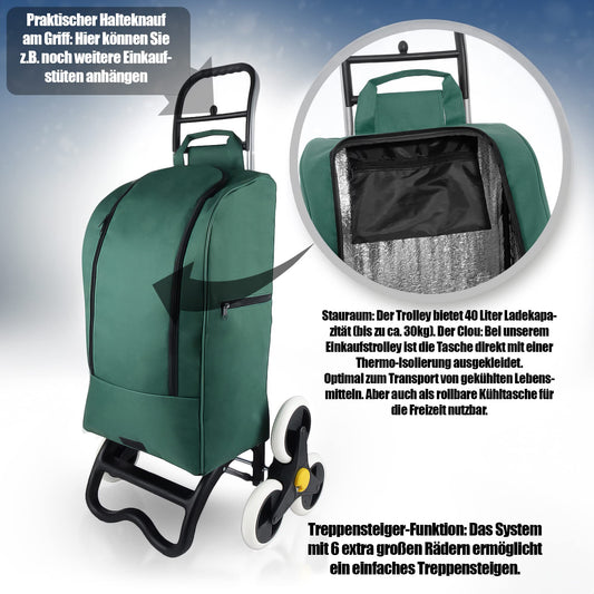 BigDean shopping trolley with stair climber function, cooler compartment & 6 large wheels - 40L foldable green - shopping cart shopping roller cooler bag shopping bag stair climber