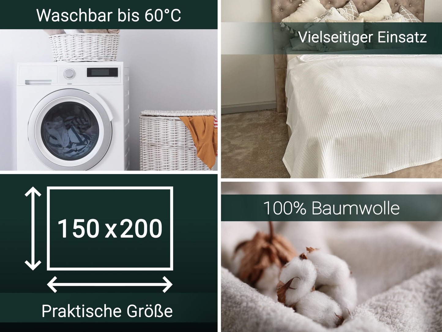 ZOLLNER cuddly blanket in 150x200 cm - 100% cotton - timeless waffle pattern - wrinkle-resistant and breathable couch blanket in white - washable up to 60°C - hotel linen quality - Oeko Tex® certified