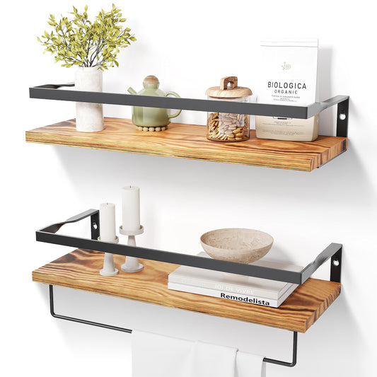 DifferTemp wooden wall shelf with towel holder, hanging shelf, spice rack, bathroom wall shelf, set of 2 wooden wall shelves, 40cm.