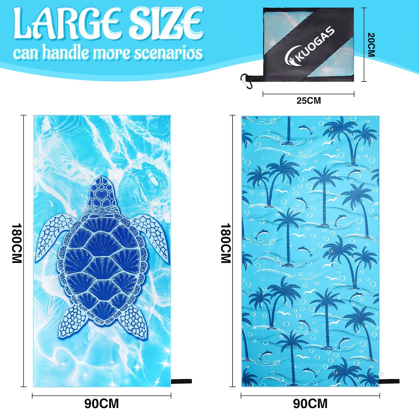 KUOGAS beach towel XXL 2 pack 90x180 cm, large quick-drying microfiber towel, sand-free beach towel, beach blanket women's beach towel