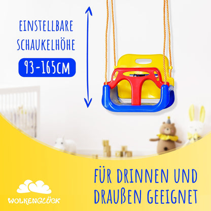 CLOUDHAPPY® Baby swing 3 in 1 [6 months to 6+ years] | Adjustable children's swing for outdoor & indoor use | High-quality swing with backrest & safety harness included