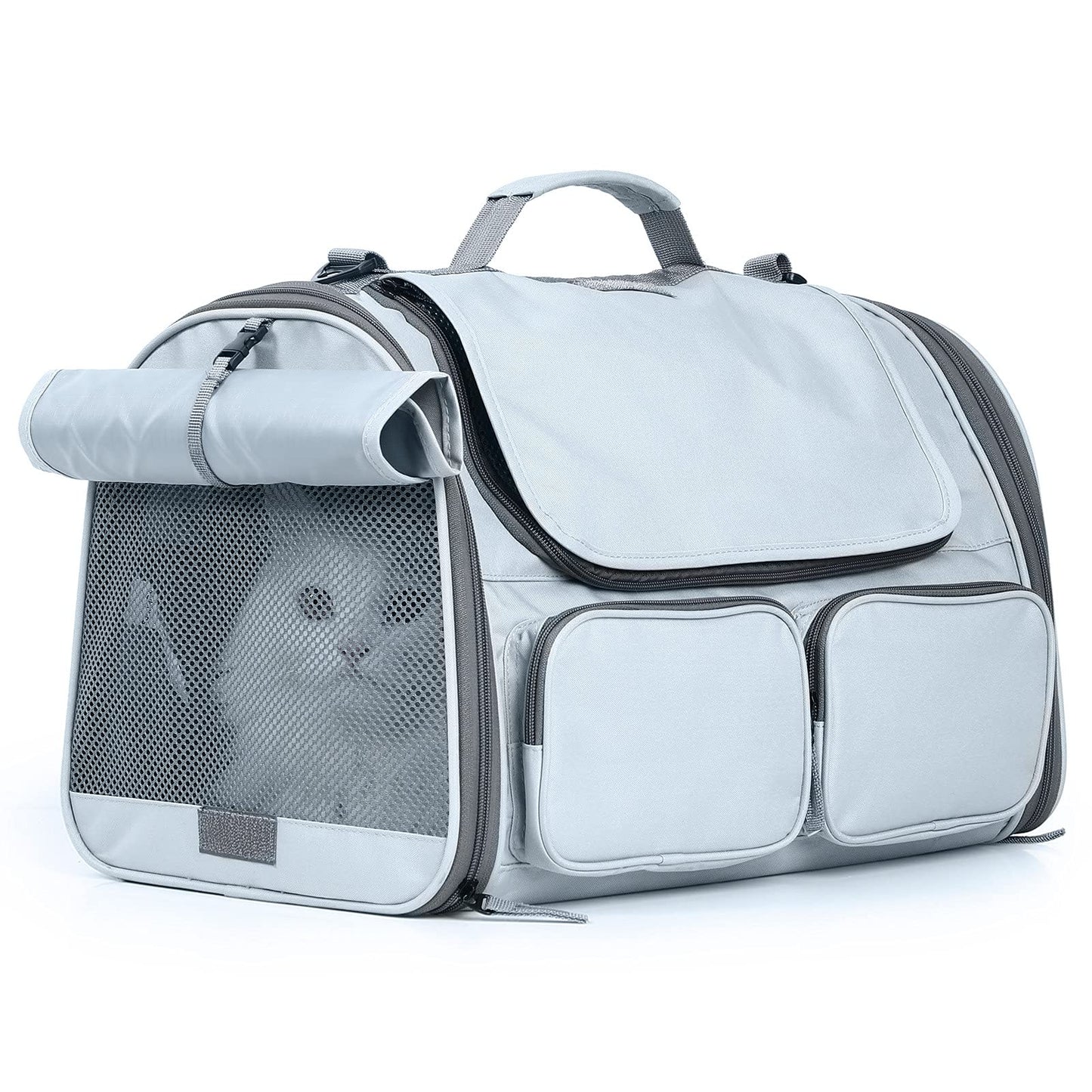 FUKUMARU Cat Carrier, Foldable Pet Carrier, Dog Carrier with Travel Bag, Carrier for Cats/Dogs up to 22 lbs, Light Gray, Large
