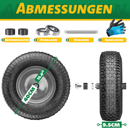 MASKO® wheelbarrow wheel pneumatic tire 250kg replacement wheel air-filled wheelbarrow garden cart 40cm/15.6" extra-wide 9.5cm air wheel puncture-proof tire with steel rim & gloves carbon steel ball bearing