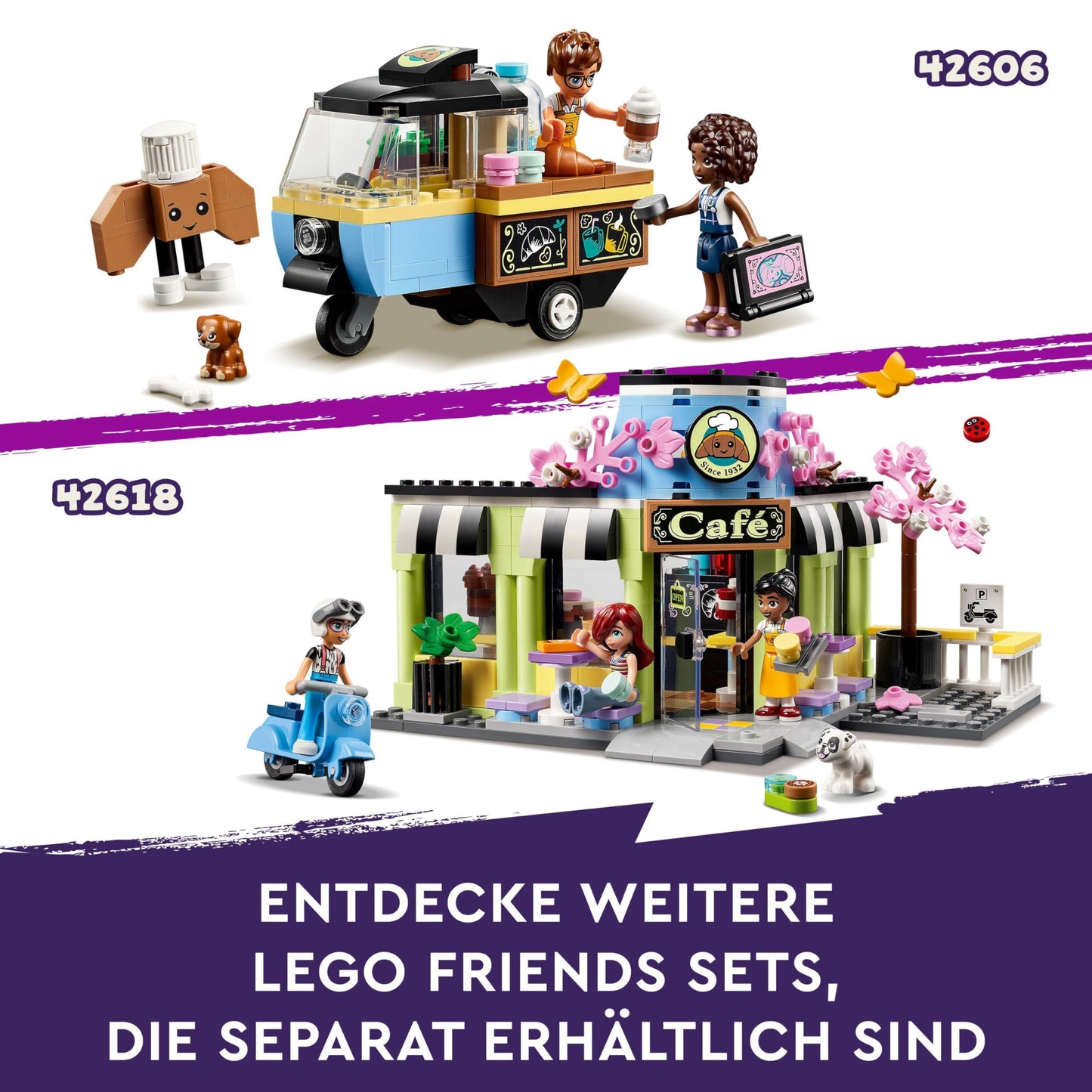 LEGO Friends Heartlake City Café, kids' toy, bakery playset, gift idea for girls and boys ages 6+, includes 3 minifigures and a dog figure 42618