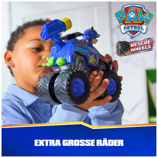 PAW Patrol Rescue Wheels - Chase's monster truck vehicle with projectile launcher and Chase figure, toy for children ages 3 and up.
