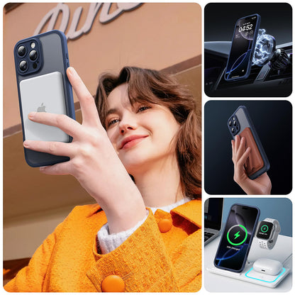 TOCOL iPhone 16 Pro case for Magsafe, with full camera protection, shockproof and scratch-resistant. Transparent back with magnetic closure in blue color.