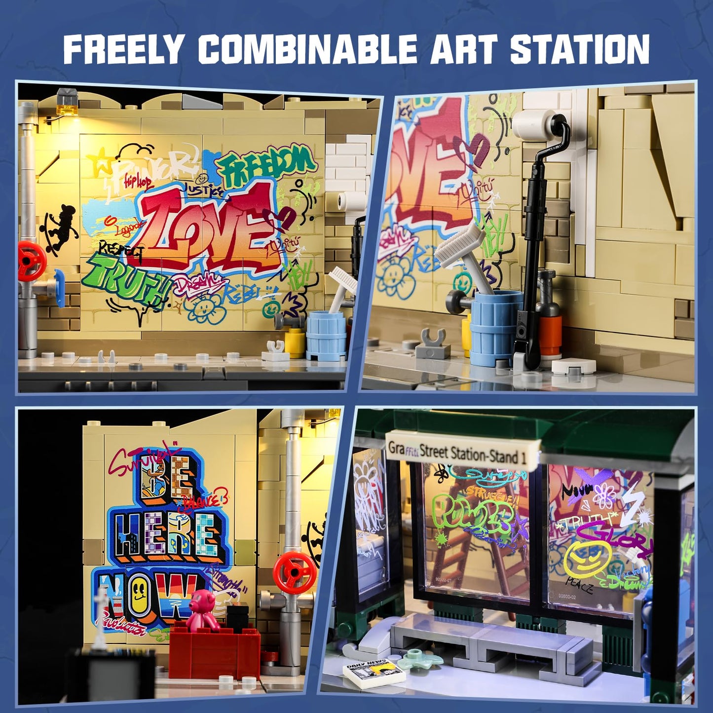 FUNWHOLE Graffiti Bus Stop Building Blocks Lighting Decoration, Modular Building Street Fusion City Town Bus Station, 516Pcs, Suitable for Adults and Street Style Enthusiasts, F9066.