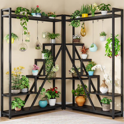 Tribesigns Flower Stand, 7-tier large plant shelf with 5 S-hooks, 180cm tall industrial wooden flower stand for indoor balcony floor plant stand living room (Black)