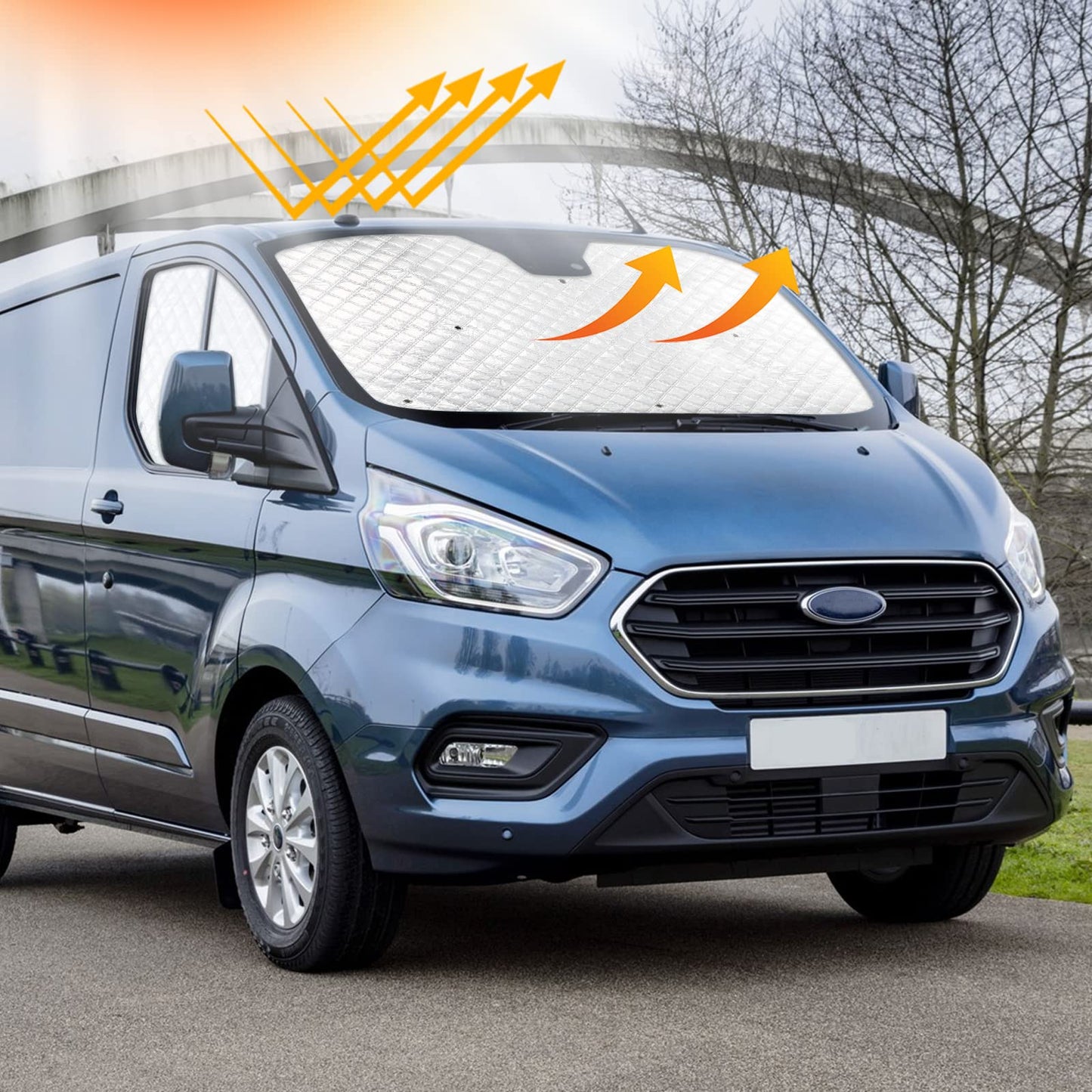 Opaltool thermal mat for driver's cabin interior for Ford Transit Custom 2012-2025, 3-piece UV & water protection sunshade for privacy & temperature control in motorhome.