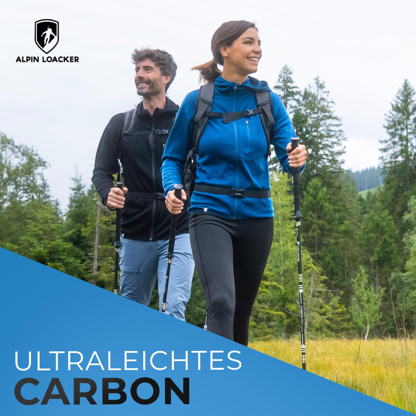ALPIN LOACKER folding hiking poles Carbon or aluminum with cork grip I Nordic Walking poles for women & men I Lightweight foldable trekking poles telescopic for mountain sports, Eva Carbon long