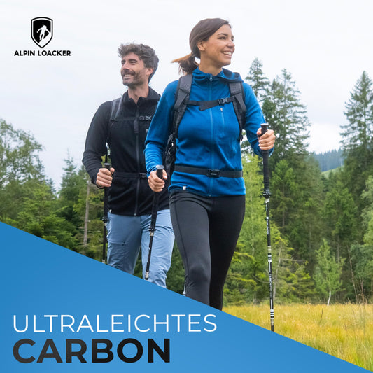 ALPIN LOACKER folding hiking poles Carbon or aluminum with cork grip I Nordic Walking poles for women & men I Lightweight foldable trekking poles telescopic for mountain sports, Eva Carbon long