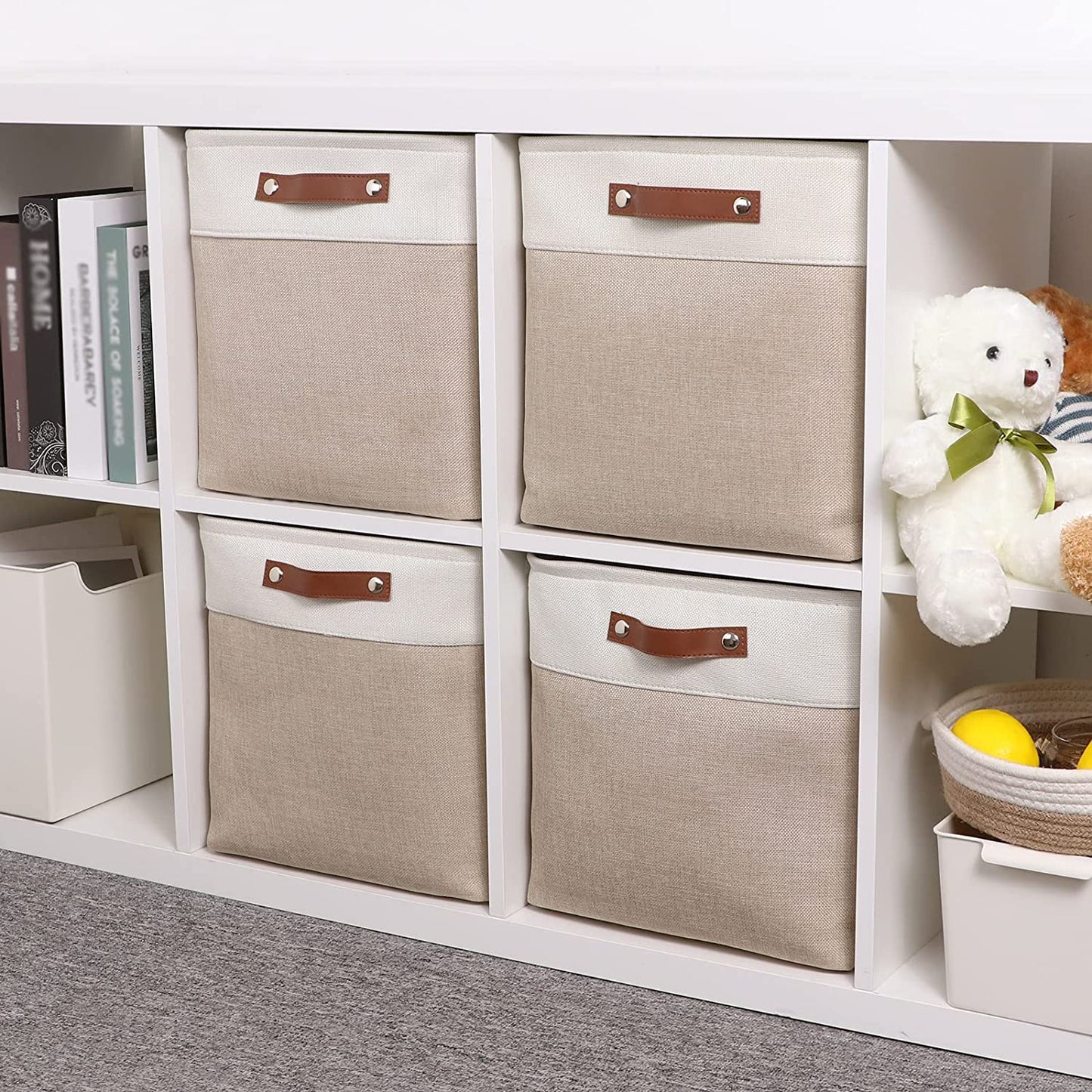 Mangata fabric storage cube 4-pack, 30x30x30cm storage basket for bedroom, craft room, kids room ▏ Light Khaki&White
