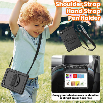 timecity case for Samsung Galaxy Tab A9+ / A9 Plus 11 inch 2023, Shockproof Robust Galaxy Tab A9 Plus case with screen protector, 360° Rotatable Stand, Hand Strap, Shoulder Strap, Pencil Holder, Black