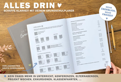 One of the good teacher planners 2025-2026, A4 elementary school planner, 1 double page per week, hardcover school planner for the 25/26 school year, gray beige with flowers, FSC paper.