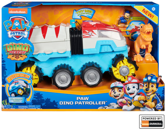 PAW PATROL Dino Rescue Dino Patroller team vehicle with motorized drive, Chase figure and large dinosaur, for ages 3 and up, battery-operated, with sound effects and room for basic vehicles.