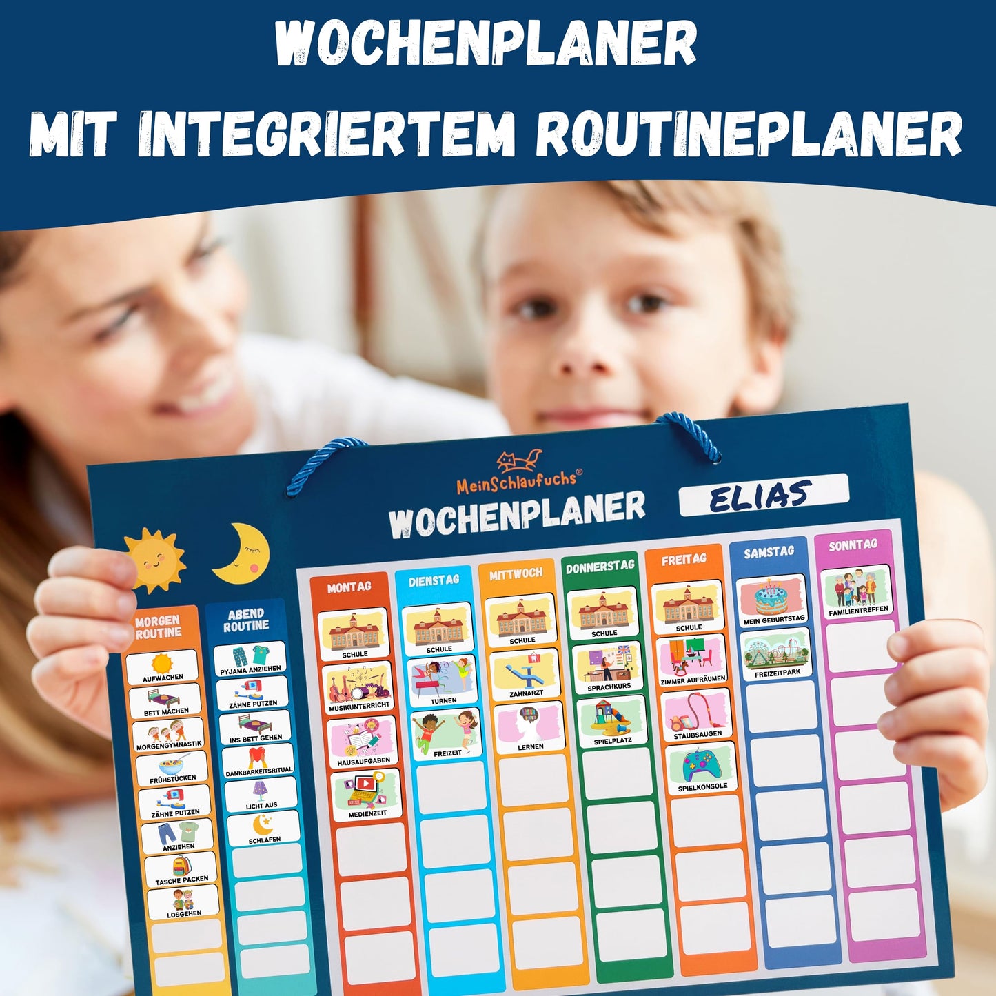 My Clever Fox® Weekly Planner for Kids - Montessori Magnetic Board with 250 Magnets, Storage Box, Cord & Marker - Write & Wipe - Kids Routine Planner - Kids Calendar