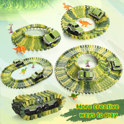 Burgkidz Dinosaur Race Track Play Vehicles Toy Set, 387 Pieces of Flexible Dino Tracks with 360 Loop and Car Turntable Playset, 2 Race Cars, Gift for Kids 3+ years old.