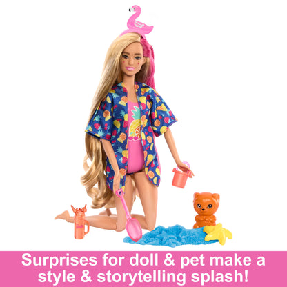 BARBIE Pop Reveal Rise & Surprise Gift Set - includes over 15 surprises, 1 Barbie doll, beach accessories, for fruity-fun playtime, for kids ages 3+, HRK57