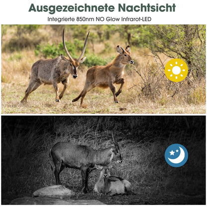 Nigecue 4K 40MP wildlife camera with motion sensor night vision, 32GB memory card, 0.2s trigger speed, IP66 waterproof 120° wide angle for wildlife monitoring.