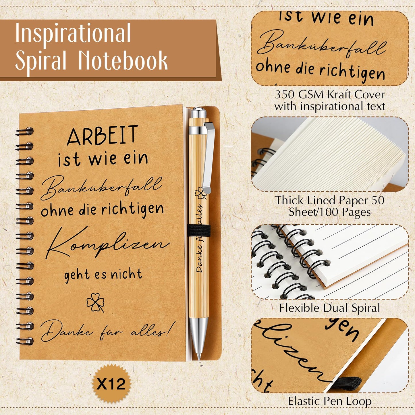 Sinmoe 12 piece thank you gift for colleague teacher employee party favor farewell gift team inspirational A6 notebook thank you for everything pen (WORK is like a bank robbery)