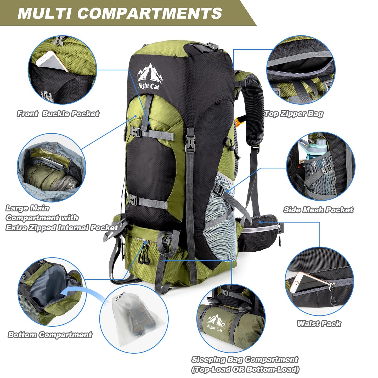 Night Cat Backpack 70L: Trekking Travel Backpack for Men and Women, Breathable for Camping, Hiking, Mountaineering, Climbing, and Bike Travel.