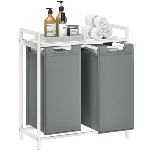 VASAGLE laundry basket with 2 compartments, laundry collector with shelf, laundry box, laundry bag made of Oxford fabric removable, metal frame, 2 x 46 L, 73 x 33 x 72 cm, slate grey-matte white BLH201W11