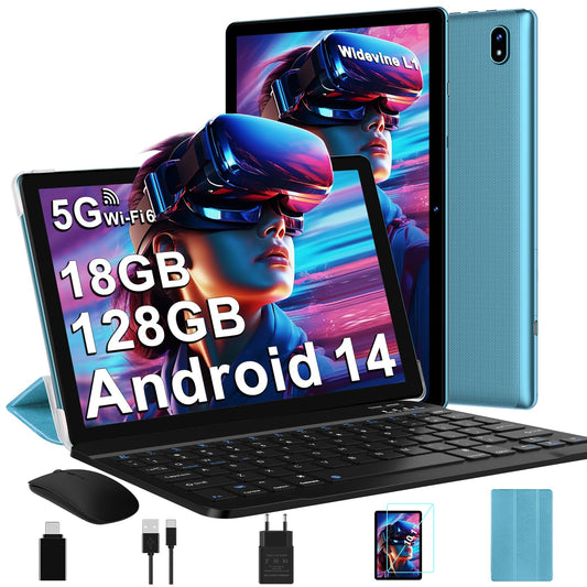 DMOAO 10 inch Android 14 tablet with 5G WIFI, 6GB RAM + 128GB ROM (TF 1TB), Widevine L1, Octa-Core, BT 5.0, Face ID, FHD 1280 * 800 IPS display, 6000 mAh battery, 2 in 1 tablet with keyboard + mouse, Blue.