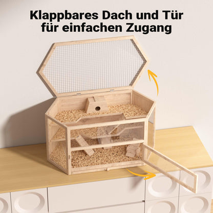 Wiltec XXL 3 level rodent cage, hexagonal, 1150 x 600 x 580 mm, made of wood, with foldable lid & viewing window, small animal house mouse cage hamster cage