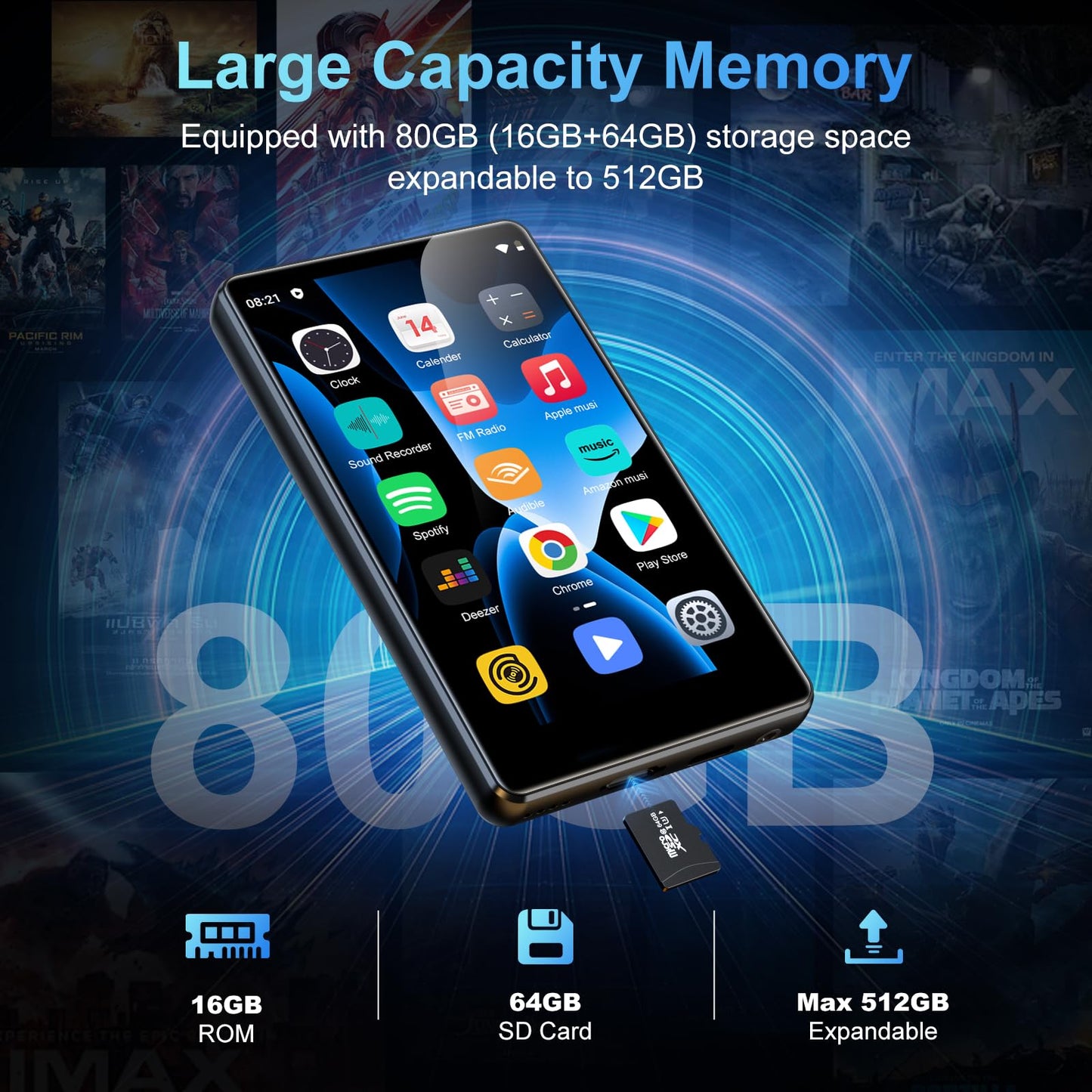 80GB MP3 player with Bluetooth and WiFi, SWOFY 4.0-inch touchscreen MP3 & MP4 player Android, portable kids music player with Spotify, Amazon Music, radio, recorder, e-book, browser.