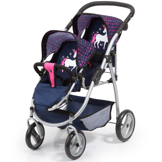 Bayer Design 26554AA Twin Dolls Pram, modern, adjustable handle, foldable, with unicorn design, blue pink, 46 cm