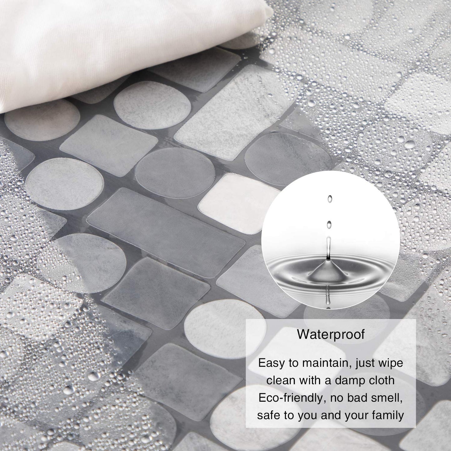 WELTRXE shower curtain with bottom weight magnets, transparent geometric design, made of waterproof and antibacterial Eva material. Size: 183*200cm, comes with 12 curtain rings. Ideal for shower and bathtub.
