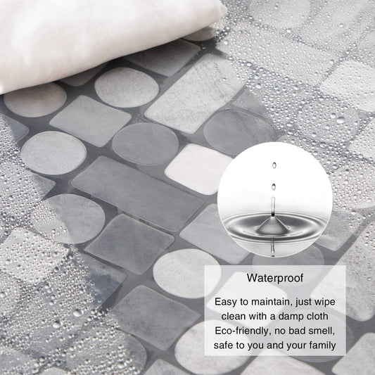 WELTRXE shower curtain with bottom weight magnets, transparent geometric design, made of waterproof and antibacterial Eva material. Size: 183*200cm, comes with 12 curtain rings. Ideal for shower and bathtub.