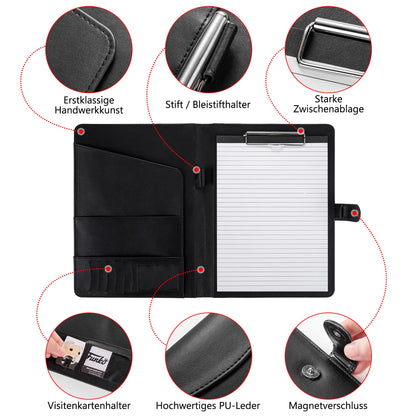AMKSONS A4 Writing Pad in Black with Clipboard & A4 Notepad - Premium Conference Folder made of PU leather with document compartments, pen holder, flap cover, and magnetic closure.