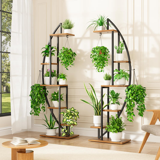 BACEKOLL 6-tier Flower Stand 160cm - Metal-Wood Plant Shelf - Indoor & Outdoor Flower Ladder - Decorative Black Flower Rack for Indoor Garden Balcony 2 PCS (No Light)