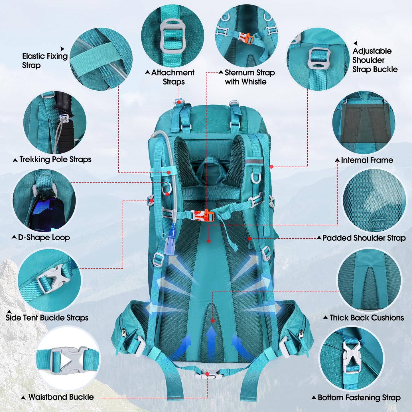 IGOLUMON trekking backpack 60L hiking backpack for men and women travel backpack large backpack with rain cover for camping trekking mountaineering outdoor travel, green