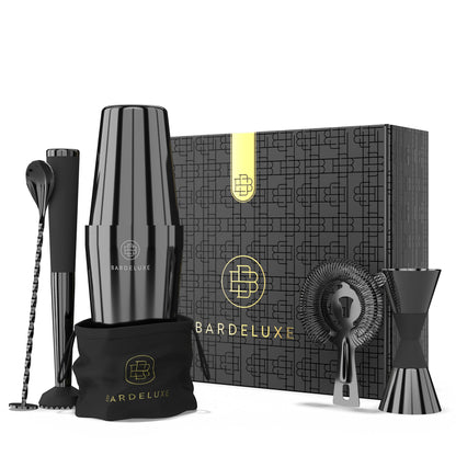 BarDeluxe® Boston Shaker Set 5-piece, Bartender Set, Cocktail Mix Set - 750ml Boston Cocktail Shaker, Stainless Steel Cocktail Set, Cocktail Accessories - Luxury Gift Set, Bag & Recipe Book (Black)