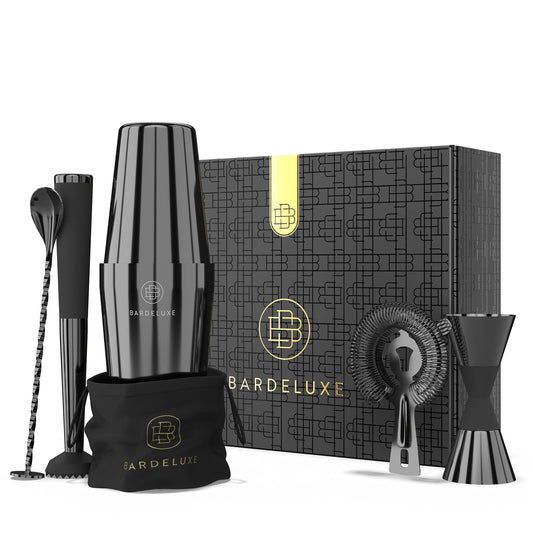 BarDeluxe® Boston Shaker Set 5-piece, Bartender Set, Cocktail Mix Set - 750ml Boston Cocktail Shaker, Stainless Steel Cocktail Set, Cocktail Accessories - Luxury Gift Set, Bag & Recipe Book (Black)