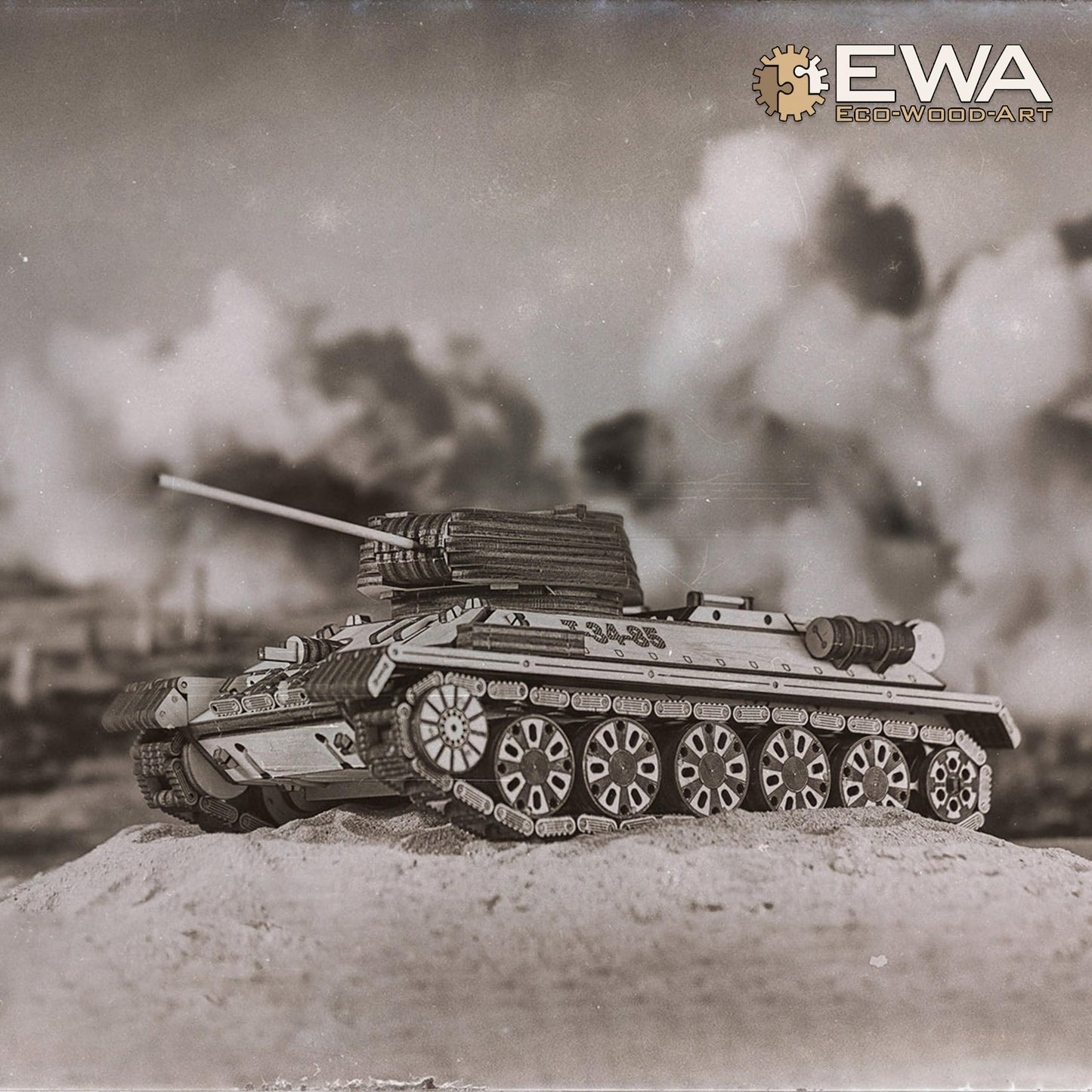 EWA Eco-Wood-Art 3D Puzzle for Adults 3D wooden puzzle with rubber band motor, wheels, and rotating cannon 965 pieces DIY wooden tank model kit T-34-85 for adults and teenagers 14+