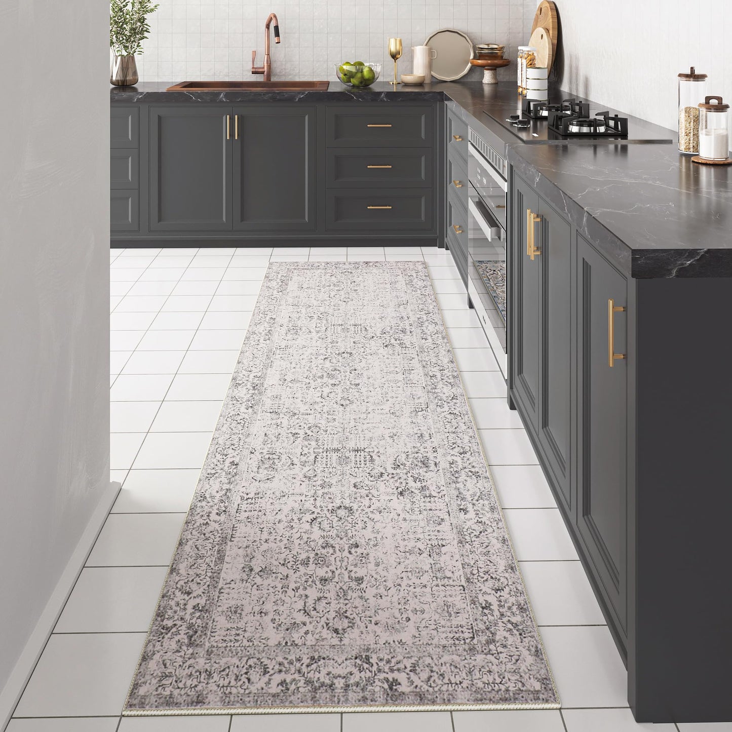 HUGEAR Vintage Gray Washable Rug 60x180cm Runner Entryway Non-slip Soft Short Pile Bedroom Retro Rugs Kitchen Carpet Bridge Hallway Carpet