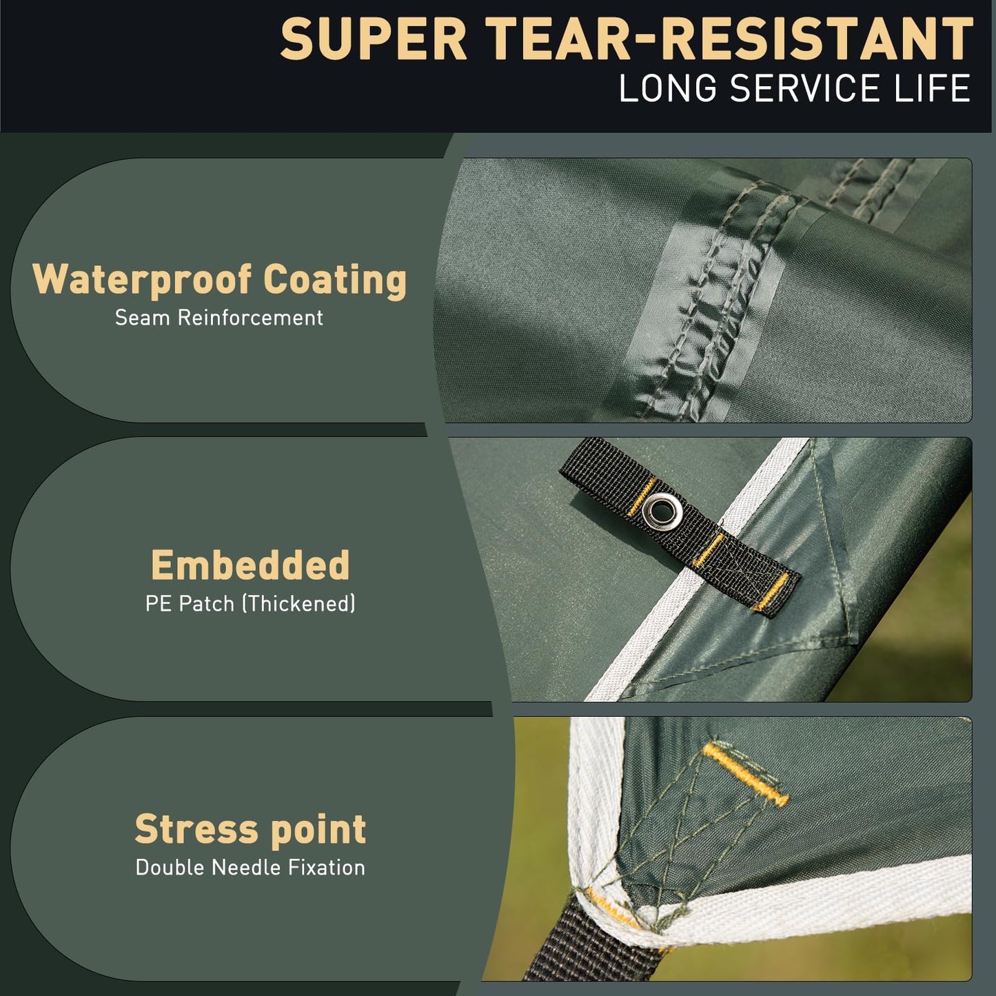 VOSOIR Tarp 3x4M Waterproof, Ultralight Camping Tent Tarp, with 15 Eyelets+6 Aluminum Pegs+8 Nylon Ropes, Anti-UV Snow Rain Protection, Lightweight Compact for Hammock Camping Picnic Hiking (Dark Green)