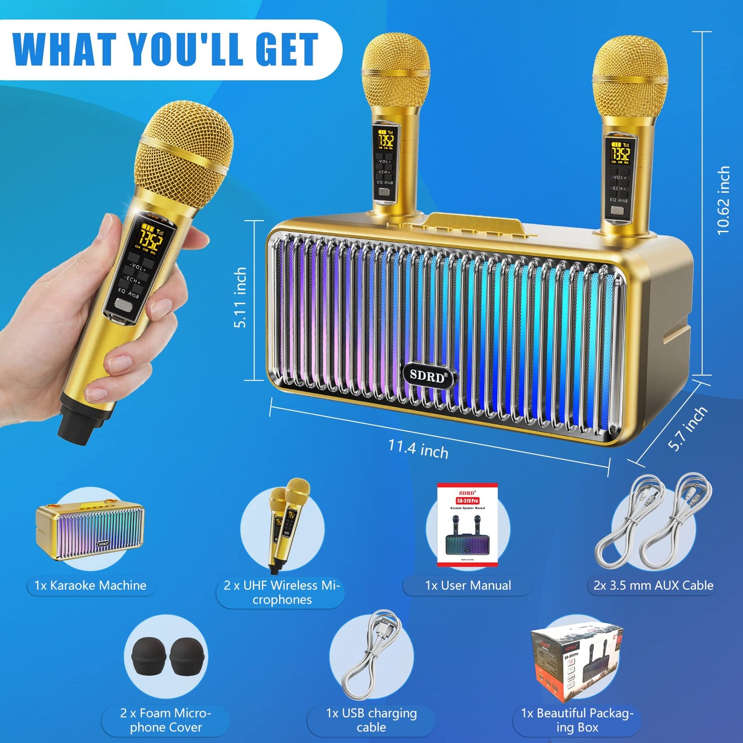 Karaoke machine for adults and kids, portable Bluetooth speakers with 2 UHF wireless microphones Karaoke speaker PA system with colorful gradient LED lights for home parties - Gold