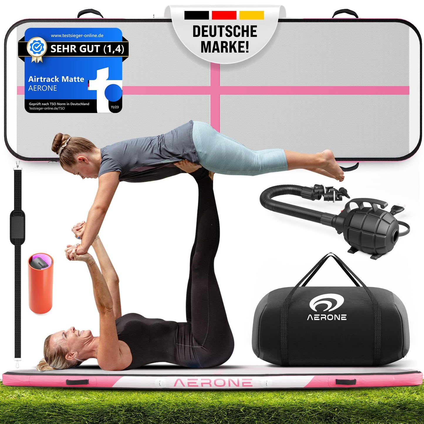 AERONE Airtrack Inflatable Tumbling Mat | Air Tracking Mat 3m [Includes Shoulder Strap, Carrying Bag, Air Pump] Air Track for Gymnastics at Home, Outdoors, or Pool | Pink