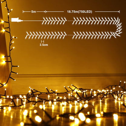 BrizLabs Christmas Lights Outdoor, 59ft 750 LED Warm White Cluster String Lights 8 Modes Waterproof Christmas Lights for Christmas Tree Indoor Room Garden Party Wedding Birthday