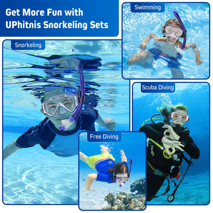 UPhitnis snorkel set for kids with fins, anti-fog 180° panoramic dive mask, adjustable flippers, and premium dry snorkel - 3 in 1 set with carrying bag