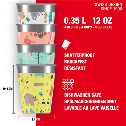 SIGG Children's Cup Set (4 x 0.35 L), drinking cups for kids in 4 colorful designs for boys and girls, practical stainless steel cups for home and on the go.
